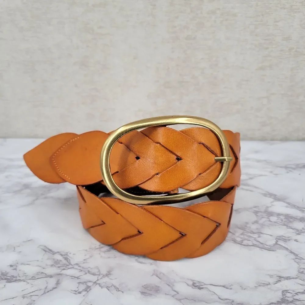 Miss Me Braided Woven Orangey Tan Leather Belt with Large Gold Toned Oval Buckle